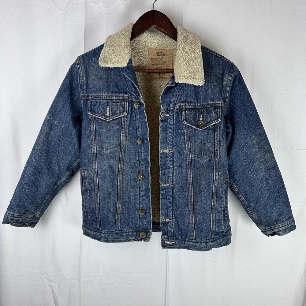 Old Navy Jacket Youth Medium Sherpa Lined Denim Trucker Shearling‎ Collar Warm